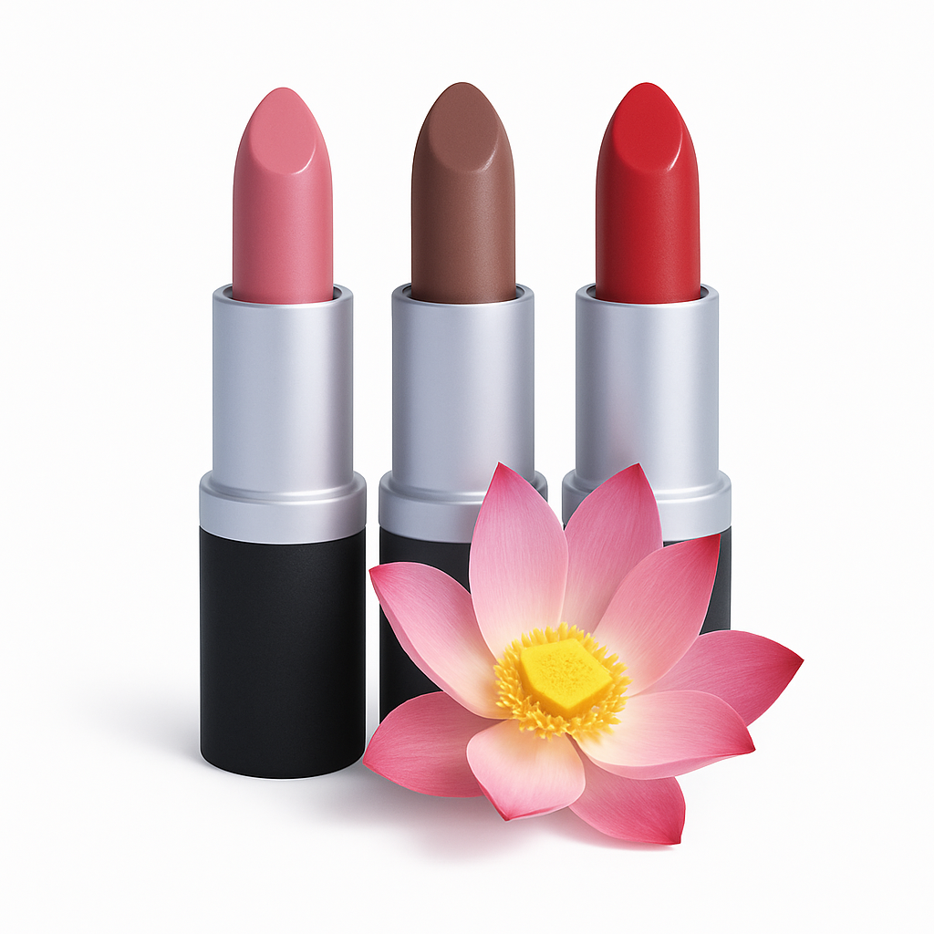 Three lipsticks in pink, mauve, and red with a pink lotus at the base, set against a white background
