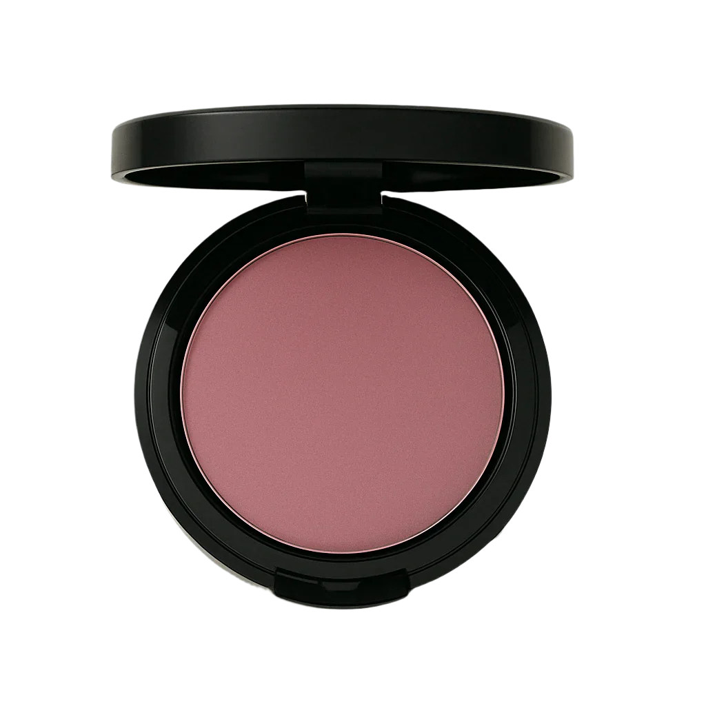 Open black compact with pressed cheek and lip tint in a muted rose shade with matte finish, shown on a pure white background
