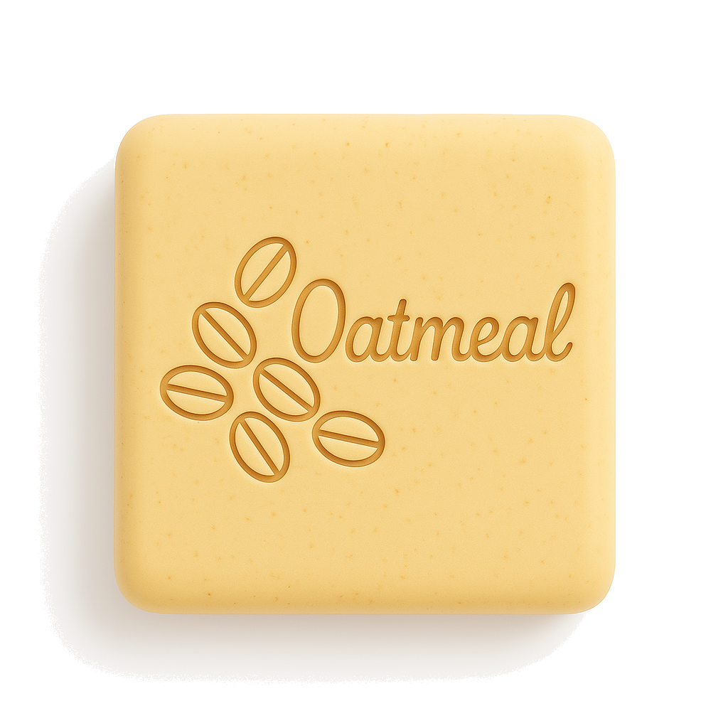 Square beige soap bar embossed with 'Oatmeal' and oat motifs, lightly speckled, displayed on a white background