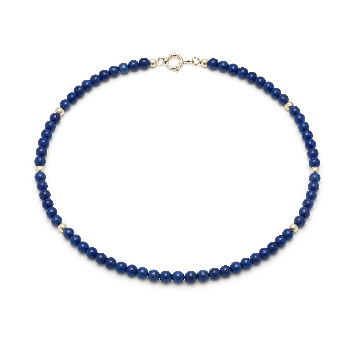 A handcrafted 16-inch necklace featuring 4 mm lapis lazuli gemstones with natural deep blue marbling, accented by polished sterling silver beads and clasp on a pure white background.