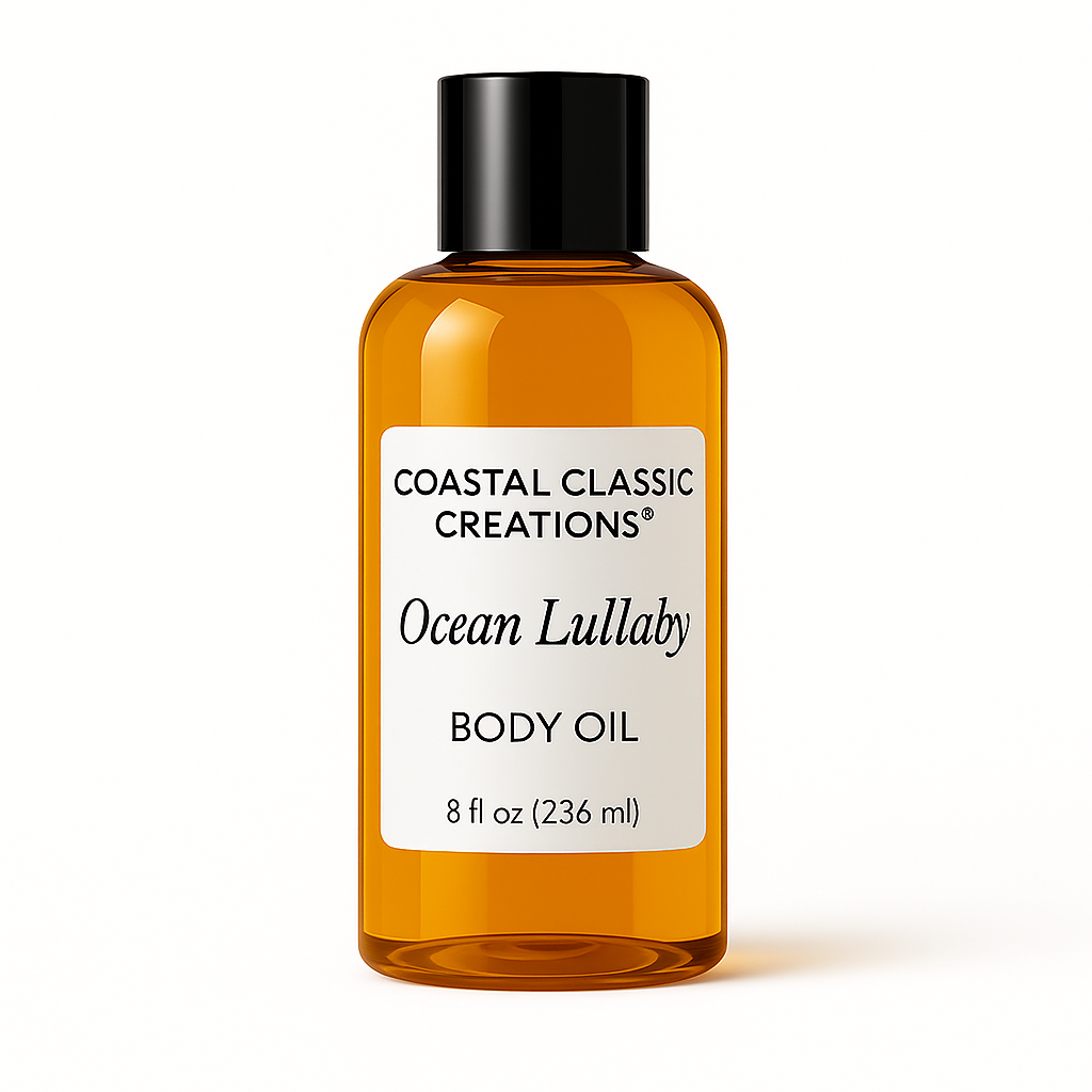 Cylindrical amber bottle of Coastal Classic Creations® Ocean Lullaby Body Oil with a black cap and white label reading “COASTAL CLASSIC CREATIONS® Ocean Lullaby BODY OIL 8 fl oz (236 ml)” on a white background.