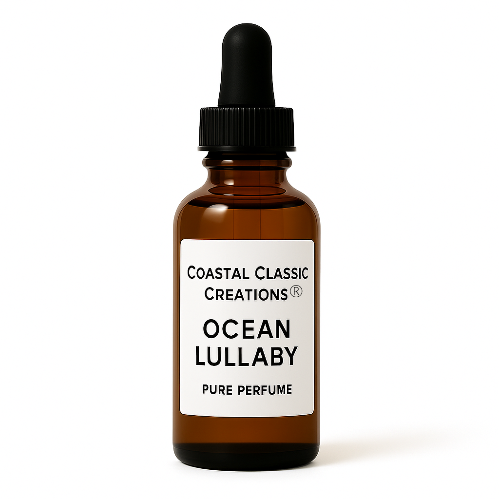 Amber dropper bottle of Ocean Lullaby Pure Perfume with minimalist white label, shown on a white background