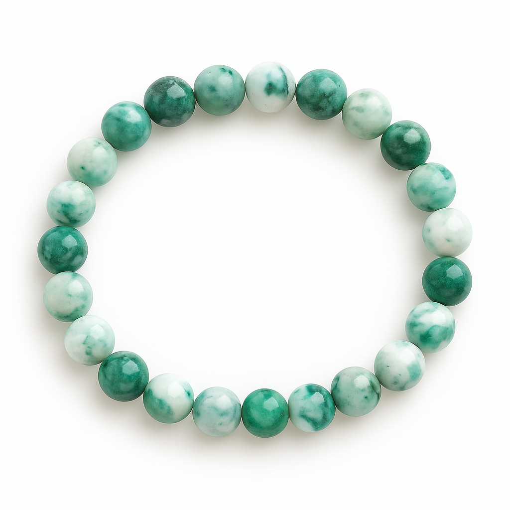 Stretch cord bracelet with polished 8mm Ocean Whirl Agate gemstones, arranged in a circle on a white background
