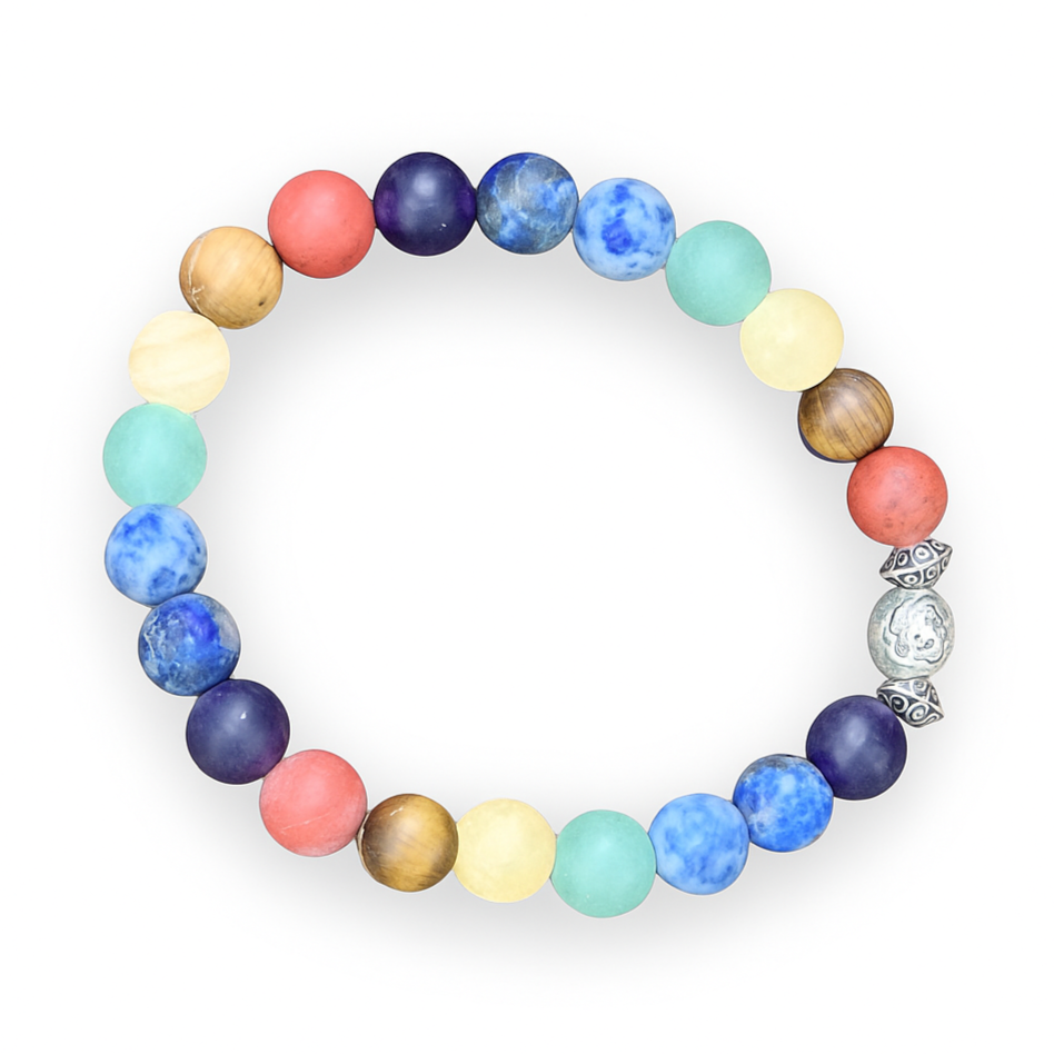 Chakra stretch bracelet with 8mm multicolored gemstone beads, silver Om charm, and spacers, arranged in a circle on white background