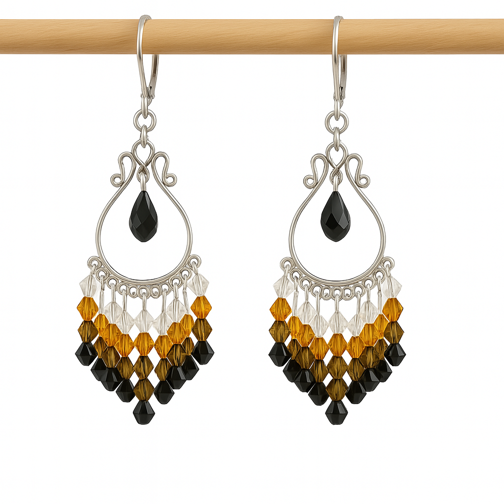 Sterling silver chandelier earrings on a wooden dowel with scrollwork and multicolor crystal beads