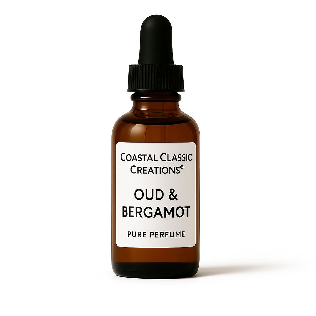 Bottle of Oud & Bergamot Type Pure Perfume on a white background, representing mandarin, bergamot, sage, amber, tobacco, and oud
