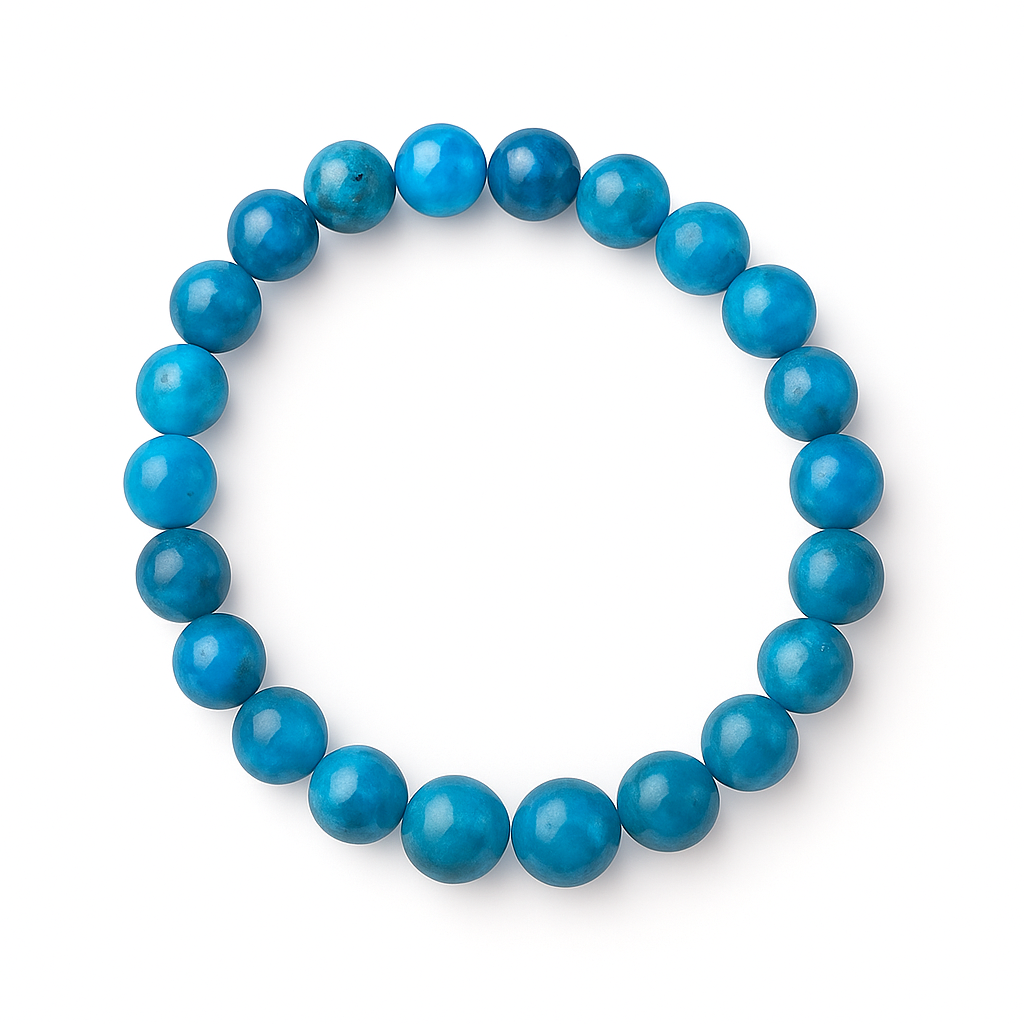 Stretch bracelet with polished 8mm blue apatite beads in oceanic tones, arranged in a circle on a white background