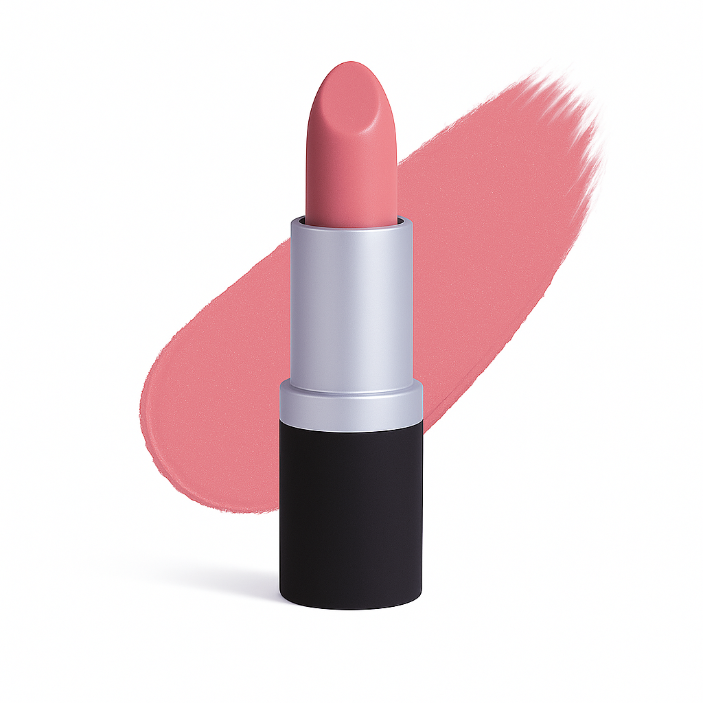 Lipstick in a cool pink shade with a creamy finish, displayed in a silver and black tube with matching swatch on white background