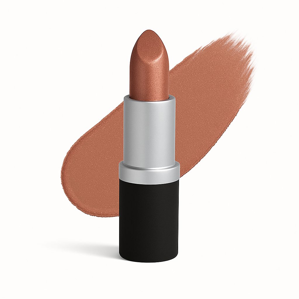 Lipstick in luminous copper with metallic sheen, silver tube with black base, shown with curved swatch on white background