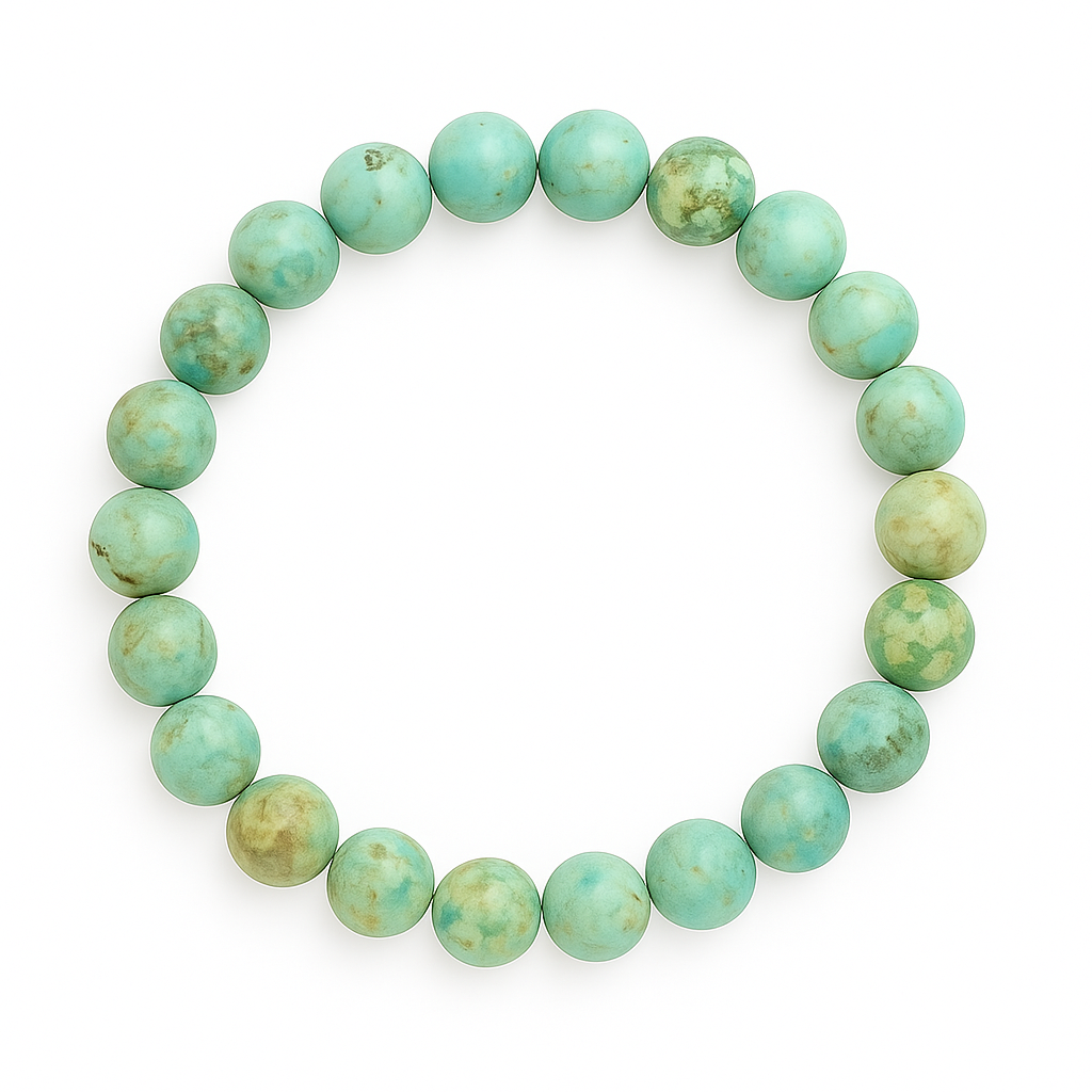 Peruvian turquoise bracelet with round natural stones arranged in a circle on a white background