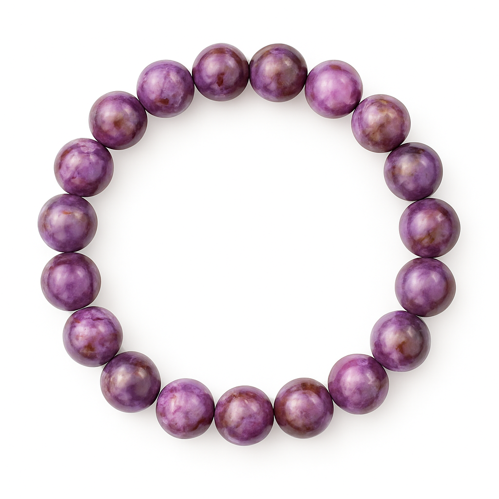 Stretch bracelet with 8mm Pink Crazy Lace Calcite beads in a circular layout on a white background