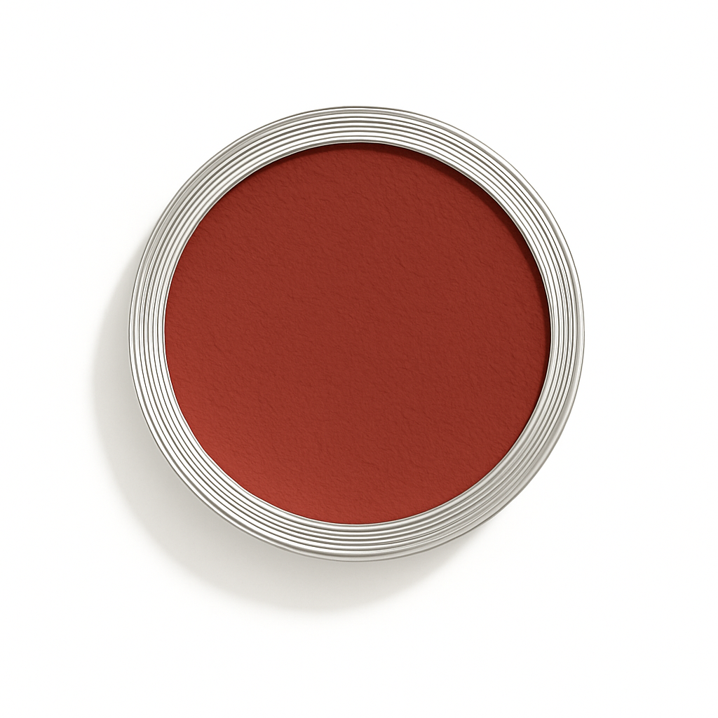 Top-down view of jar with warm brick-toned blush in terracotta hue with earthy red undertones, shown on a clean white background