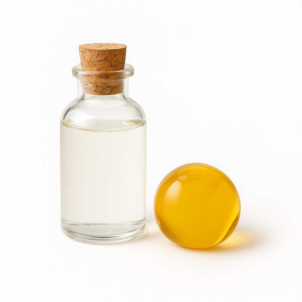 Clear dropper bottles and translucent gel swatch on a white background, representing hyaluronic acid and gentle preservatives