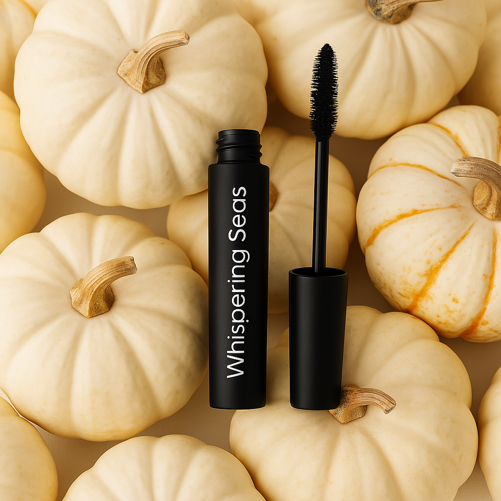 Black mascara with 'Whispering Seas' branding on a background of white pumpkins.