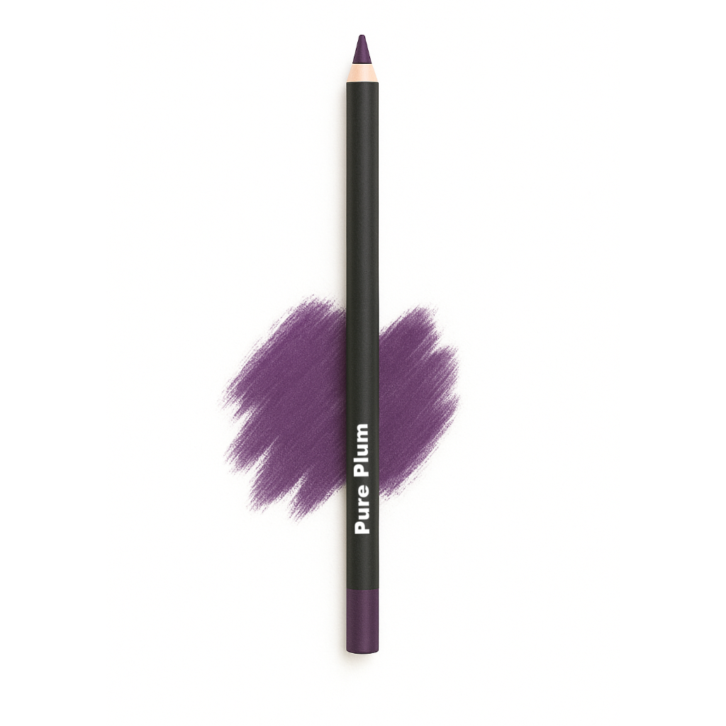 Eye crayon labeled “Pure Plum” over a vivid plum swatch with sharpened tip on white background