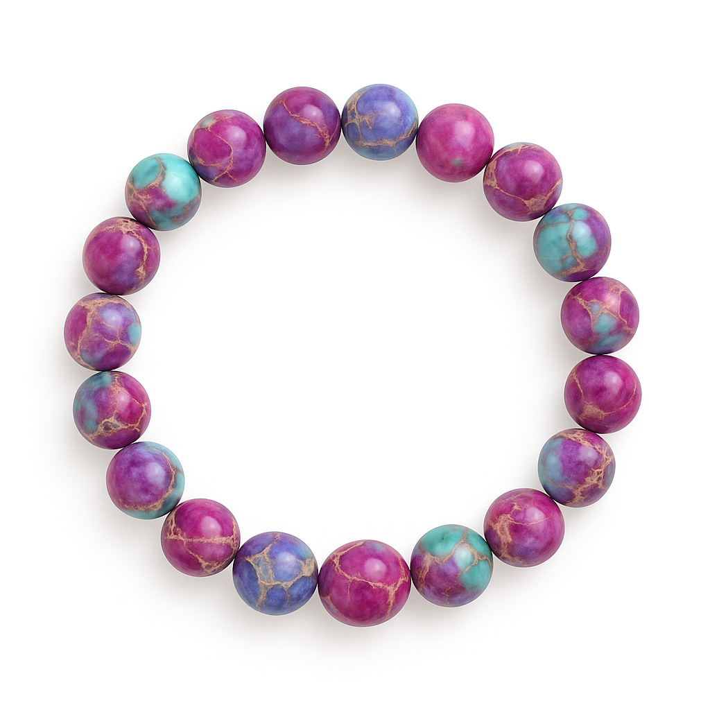 Round bracelet with 8mm Purple Aqua Impression Jasper beads in violet, aqua, rose, and tan tones on a white background