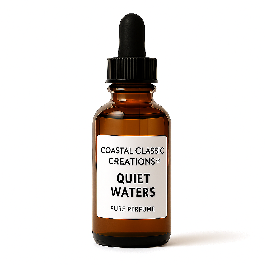 Amber dropper bottle of Quiet Waters Tuberose Pure Perfume with white label, shown on a white background