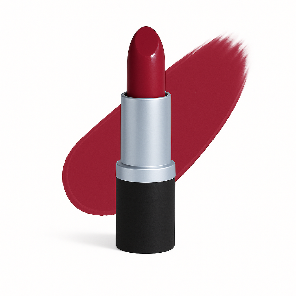 Lipstick in deep crimson red with matte finish, shown upright in silver and black tube with swatch on white background