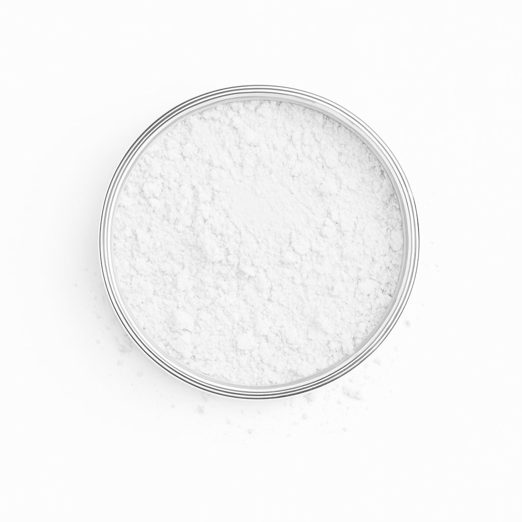 Top-down view of round jar of loose white powder primer to create a smooth canvas for foundation on white background