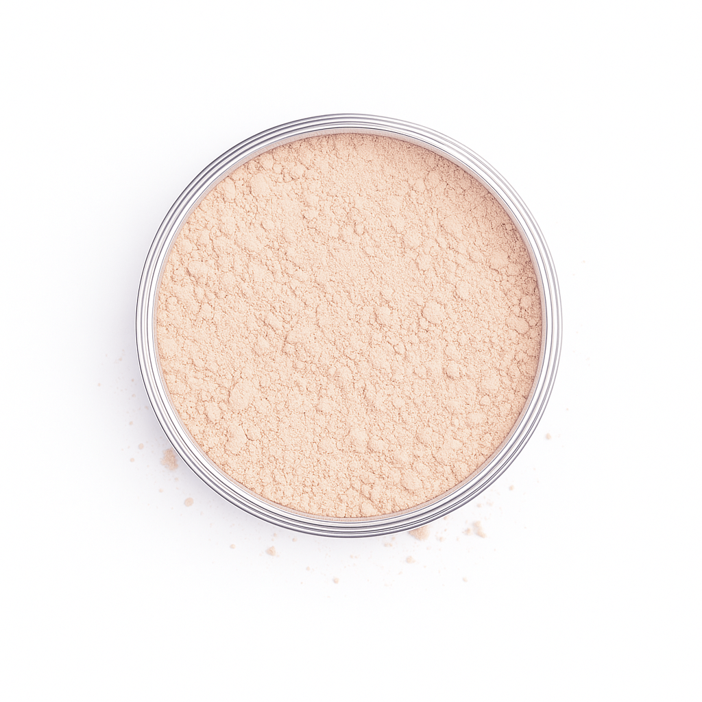 Top-down view of jar of loose pale ivory golden wheat foundation for fair skin with warm undertones on white background