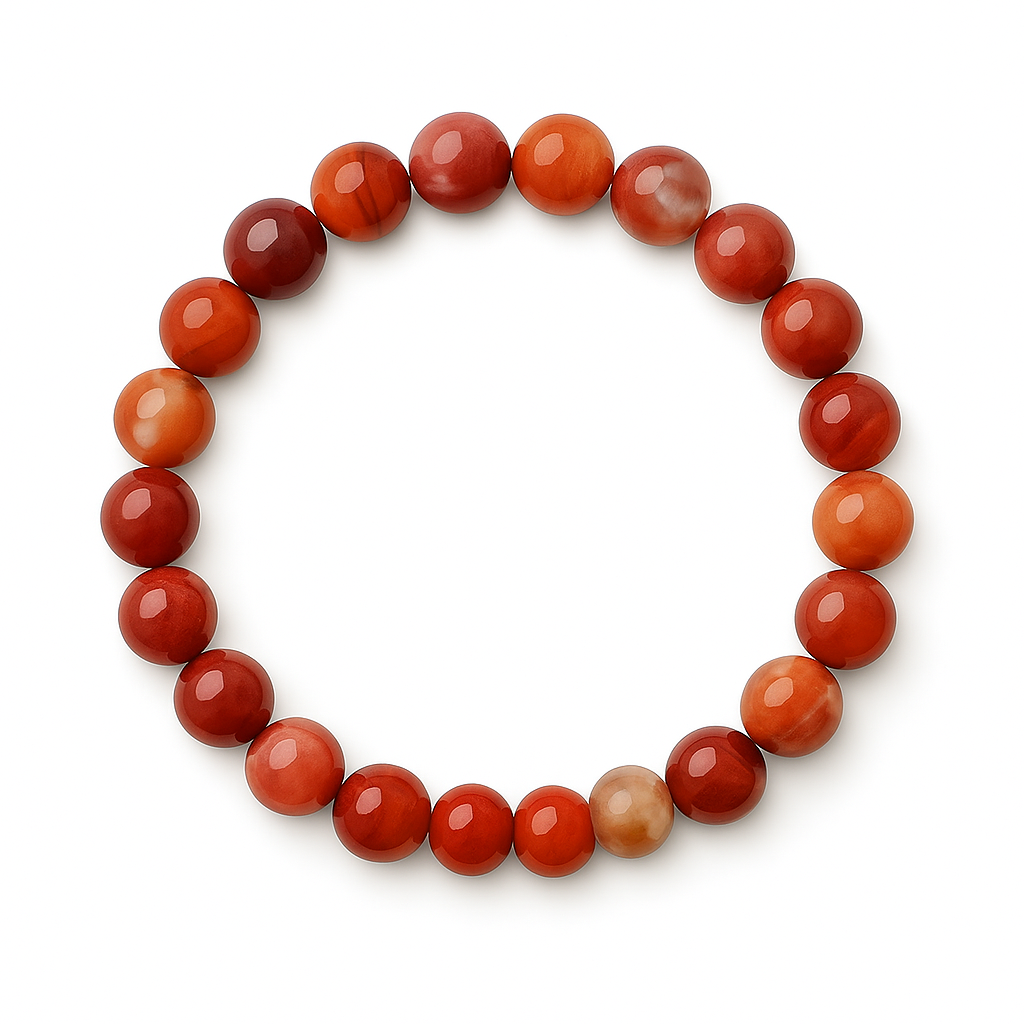Stretch bracelet with 8mm Agate beads in rich red, burnt orange, and terracotta tones, arranged in a circle on white background