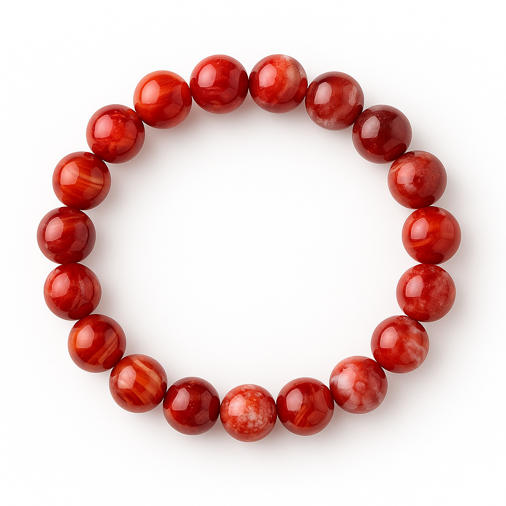 Round 8mm root chakra cherry red fire agate grounding stretch cord bracelet on a white background
