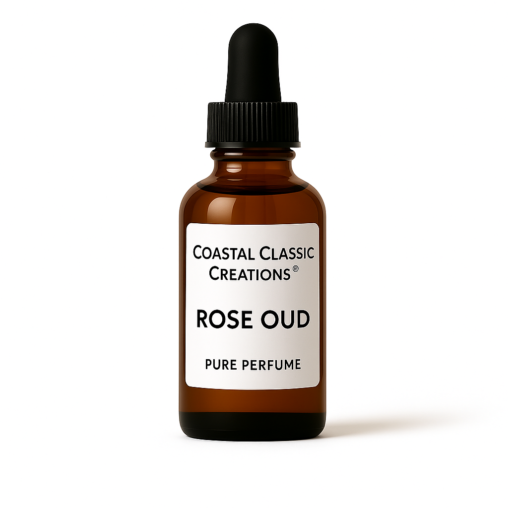 Bottle of Rose Oud Type Pure Perfume on a white background, representing rose, leather, smoky oud, sandalwood, and amber