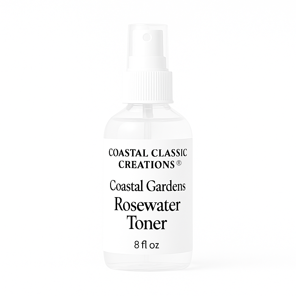 Clear plastic spray bottle labeled containing 8 fl oz of rosewater toner, shown against a pure white background