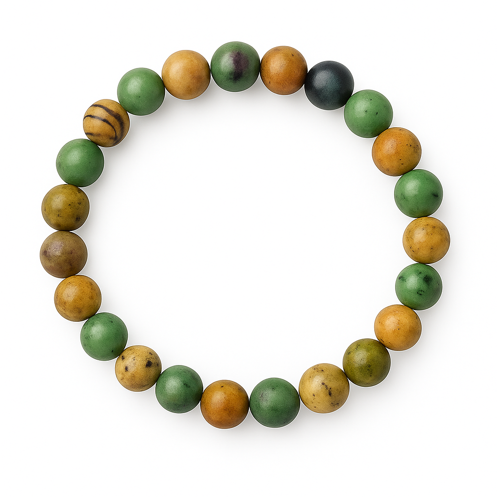 Stretch bracelet with 8mm matte beads in earthy tones of green, tan, olive, and plum, arranged in a circle on white background