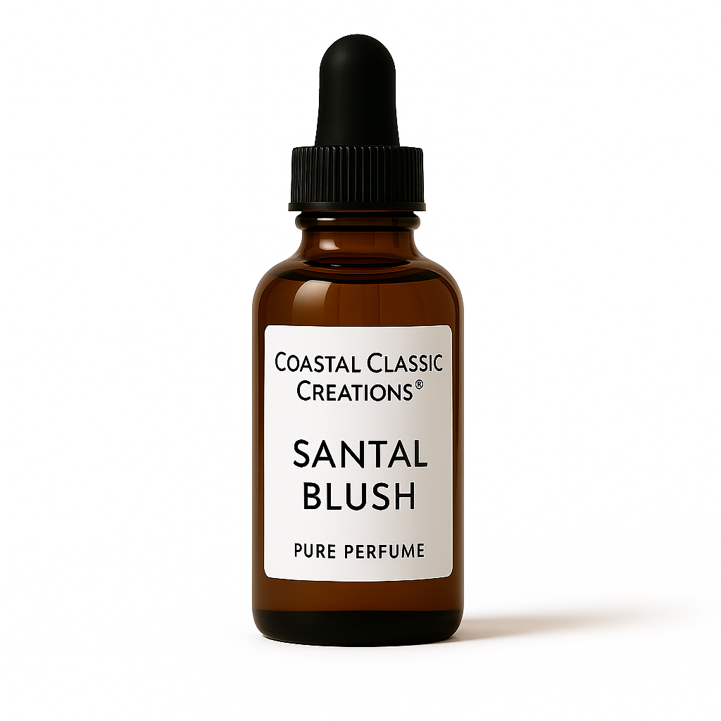 Bottle of Santal Blush Type Pure Perfume on a white background, representing cinnamon, saffron, amber, ylang, and sandalwood