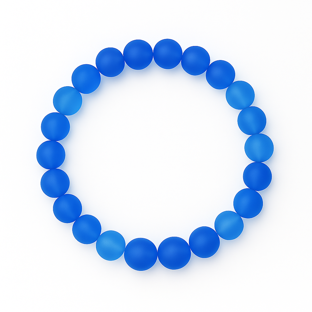 Stretch bracelet with 8mm frosted Sapphire Blue Matte Agate beads in vibrant cobalt tones, arranged in a circle on white background