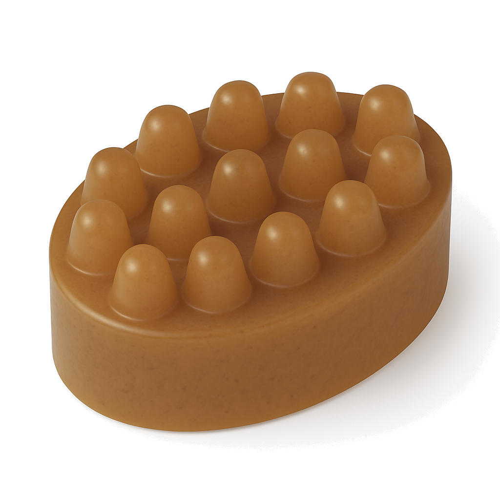 Oval amber shampoo bar with a textured top of raised rounded massage nubs, set against a pure white background
