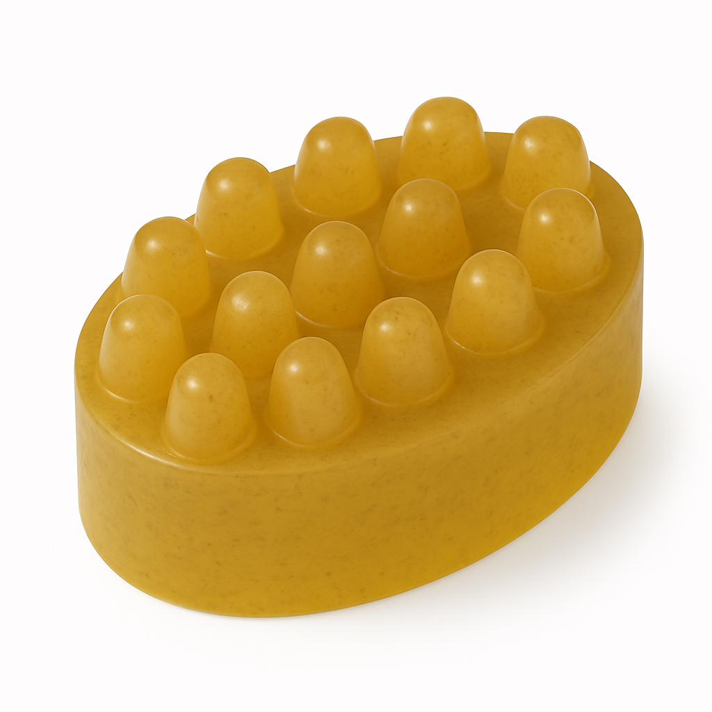 Oval hemp shampoo bar with a textured top of raised rounded massage nubs, set against a pure white background