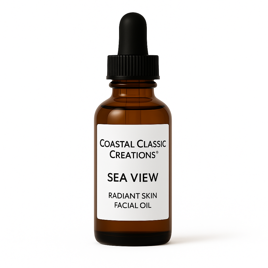 Sea View Radiant Skin Facial Oil in amber dropper bottle with black cap and white label, displayed on a pure white background