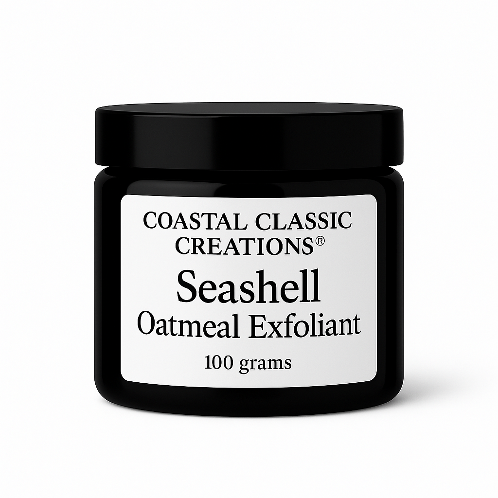 Black glass jar labeled "Seashell Oatmeal Exfoliant – 100g" displayed on a clean white background with a minimalist design