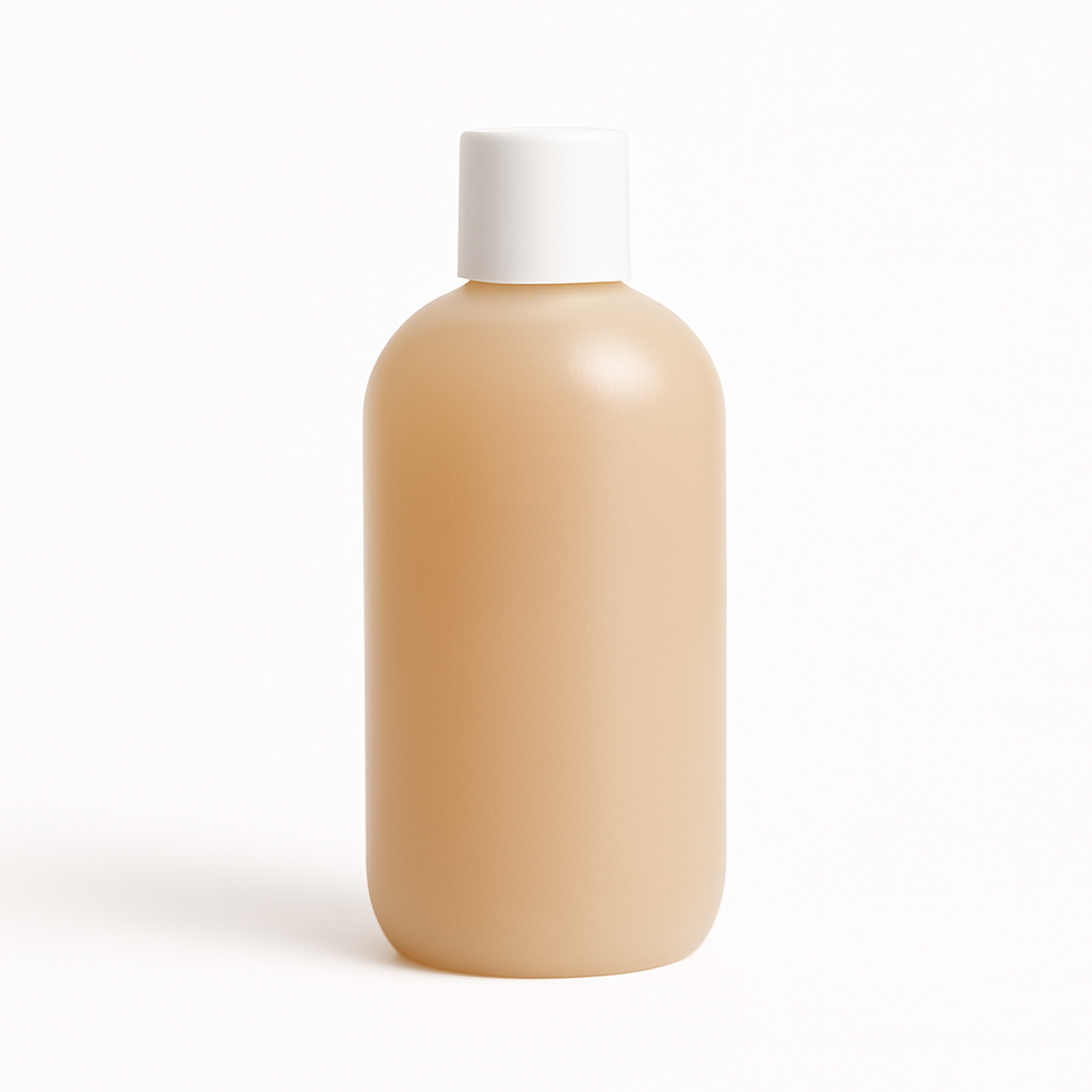 Single amber-toned cylindrical bottle with white cap on a pure white background, representing clean shampoo and body wash formulations