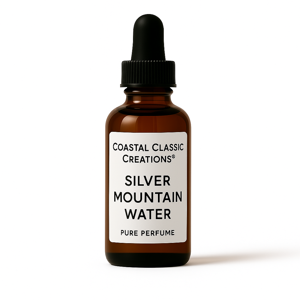 Bottle of Silver Mountain Water Type Pure Perfume on a white background, representing citrus, tea, salty ozonic notes, sandalwood, and sweet musk