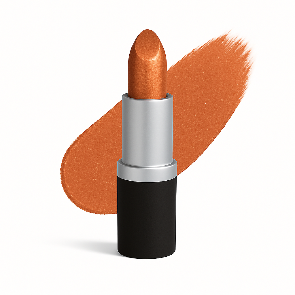 Lipstick in bold metallic copper-bronze with luminous finish, silver tube with black base, shown with swatch on white background