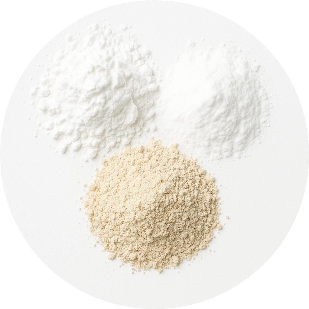 Three finely milled powders in varying shades of white and beige on a pure white background, representing starches and protein