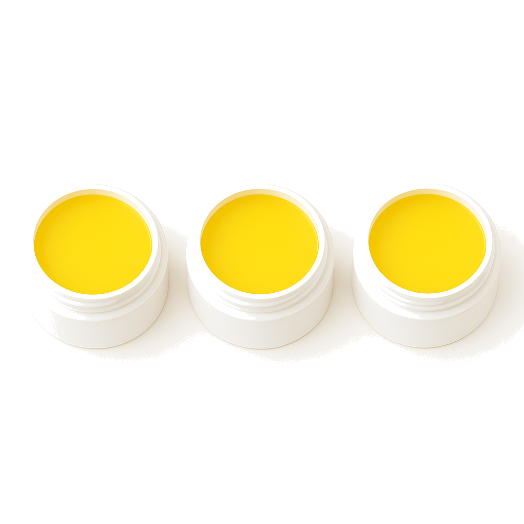 Stackable Sandcastle Body Butter Trio with three white jars of vibrant yellow body butter, arranged in a row on white background