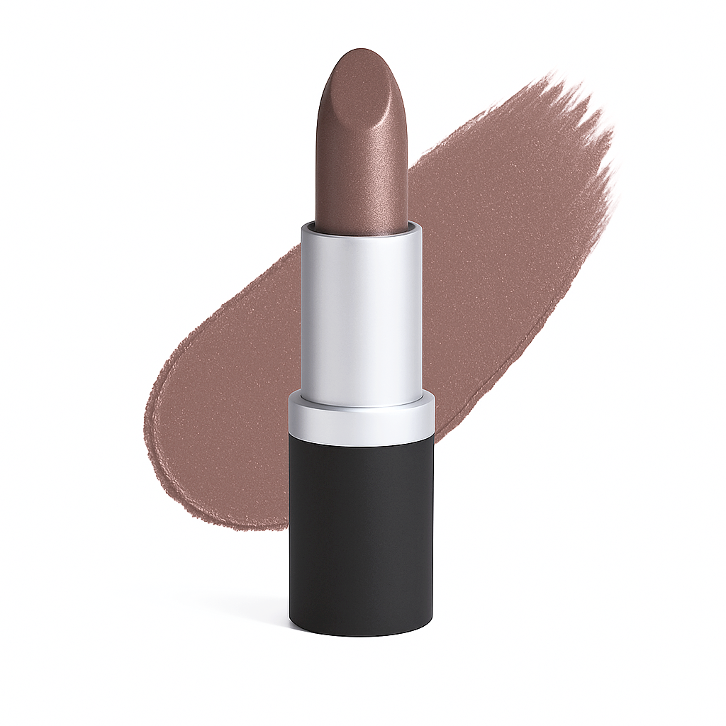 Lipstick in deep stormy bronze with satiny shimmer, silver tube with black base, shown with curved swatch on white background