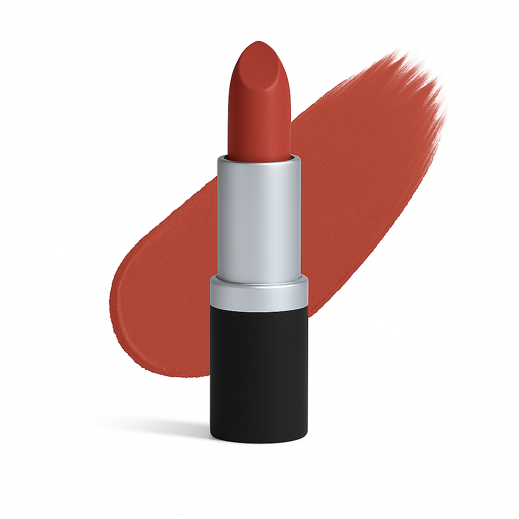Lipstick with a rounded tip in rich orange-red, silver tube with black base, shown with a matching swatch on white background
