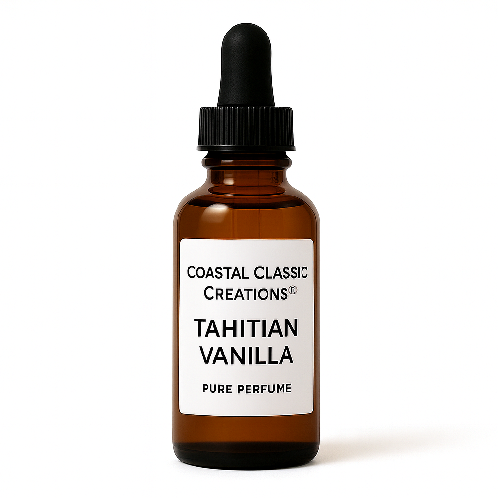 Brown glass bottle with dropper labeled 'Tahitian Vanilla' by Coastal Classic Creations on a white background