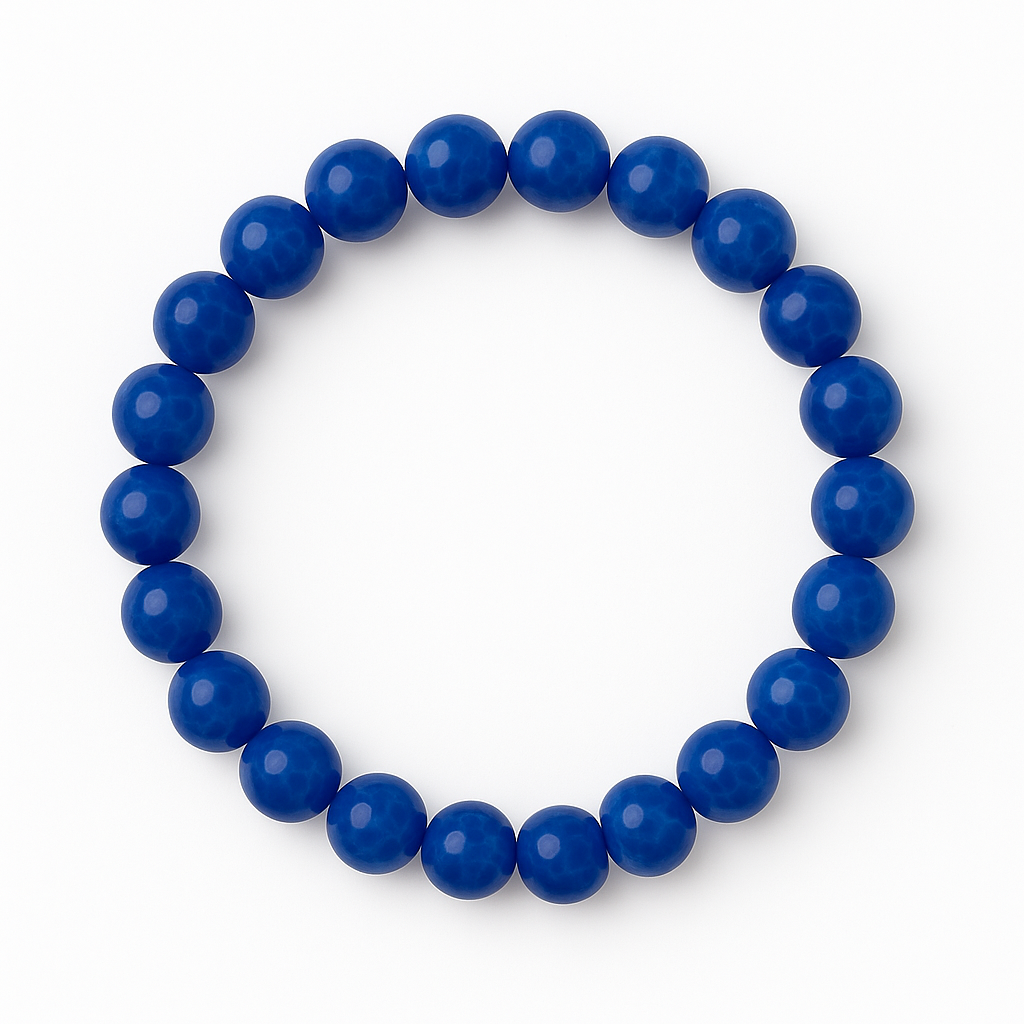 Circular stretch bracelet with glossy royal blue agate beads, smooth and polished, on a white background