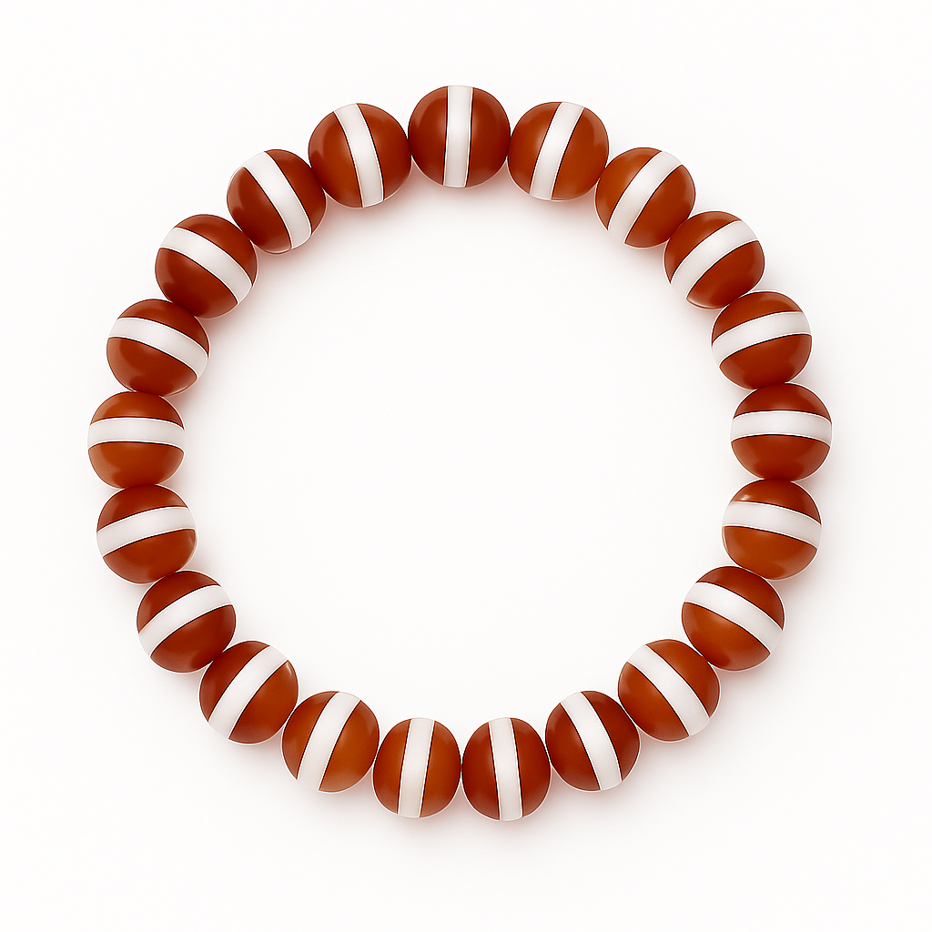 Round bracelet with Tibetan Dzi-style carnelian beads in reddish-brown and white stripes, arranged in a circle on white background