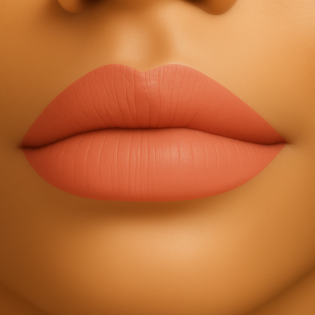 Lips wearing Tide Whisper matte lipstick in a soft coral beige tone with a velvety matte texture.