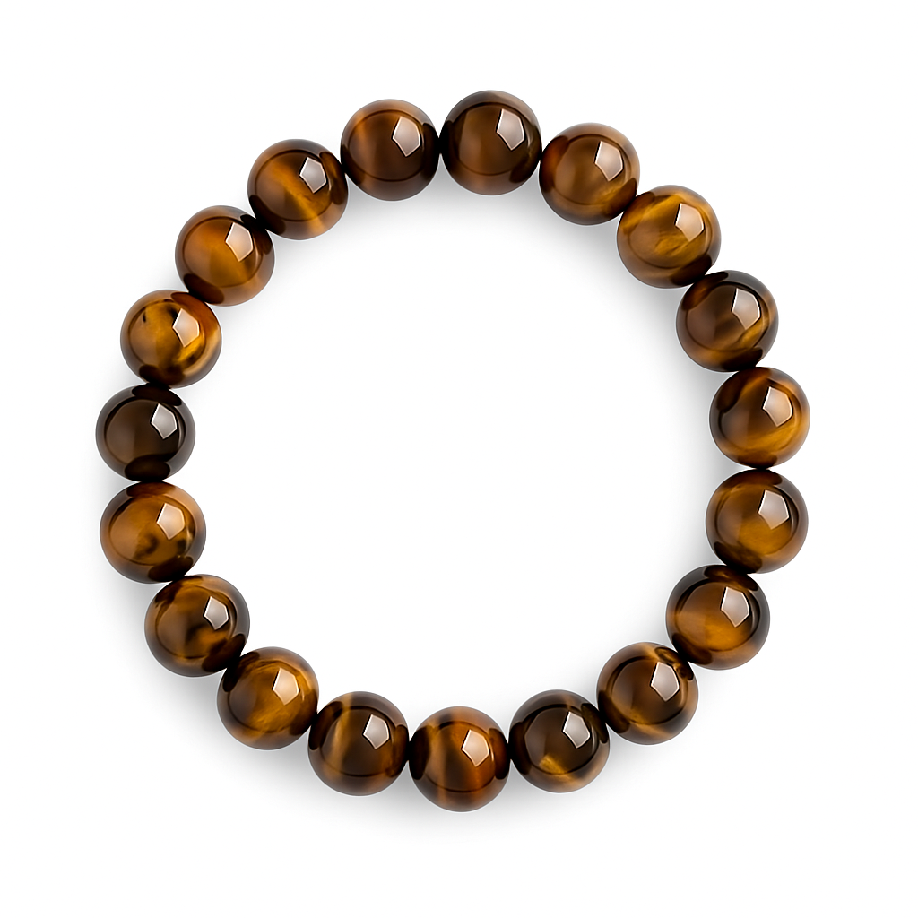 Stretch bracelet with polished 8mm tiger eye beads in golden brown tones, arranged in a circle on a white background