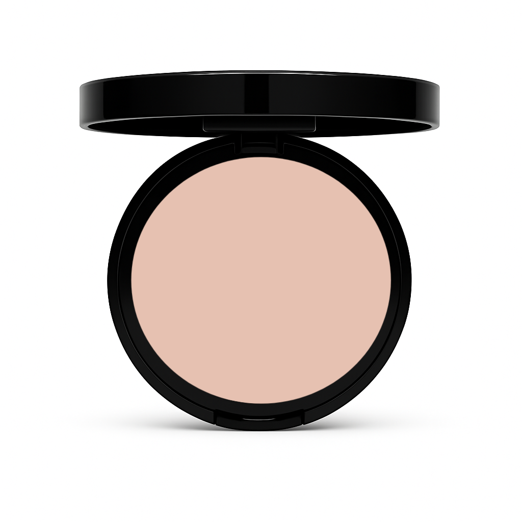 Open black compact of Powder Foundation in Toast with tan pressed powder for medium-tan skin on white background