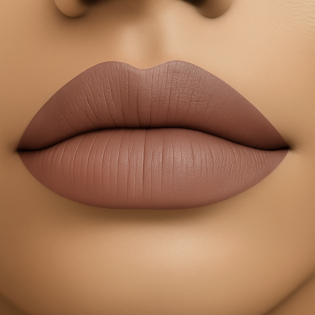 Close-up of a person’s lips wearing Coastal Classic Creations® Tranquil Lipstick, a soft matte neutral brown shade, shown on medium-deep skin tone.