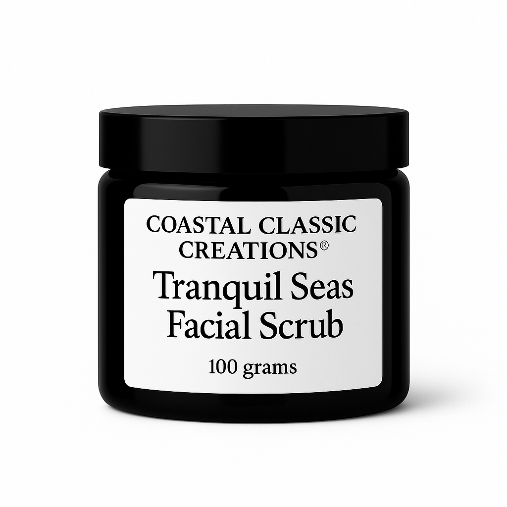Black jar containing facial scrub, shown with a minimalist white label and matte black cap on a clean white background